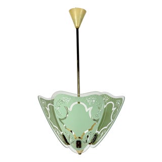 Mid-Century Italian Brass and Green Glass Leaves Pendant Light, 1950s For Sale