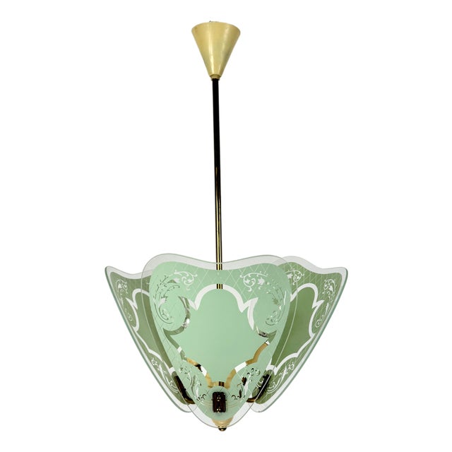 Mid-Century Italian Brass and Green Glass Leaves Pendant Light, 1950s For Sale