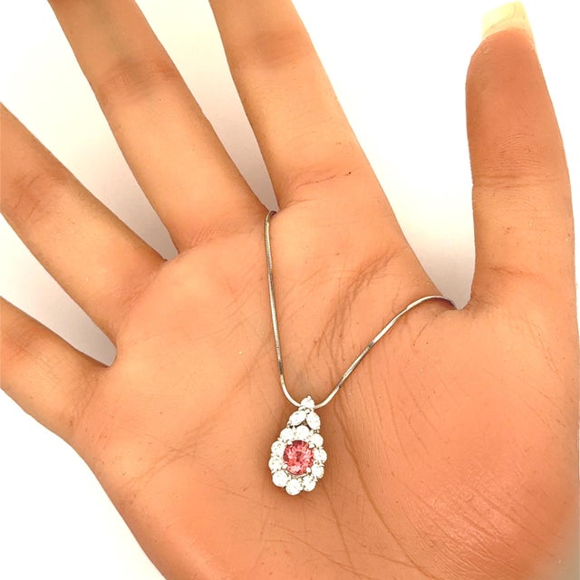 Metal 1.32 Carat Padparadscha Sapphire Diamond Platinum Halo Pendant Necklace, Gia For Sale - Image 7 of 9