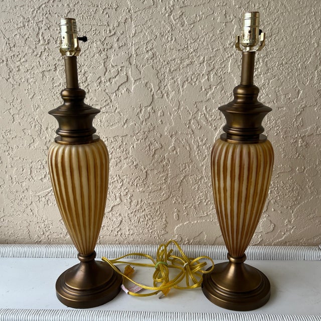 Pair of 1990s Tall Ribbed Frosted Glass and Brushed Bronze Table Lamps For Sale - Image 10 of 10