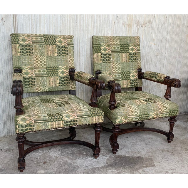 Louis XVI Style Spanish Pair of Carved Walnut Armchairs, 1900s For Sale - Image 18 of 18