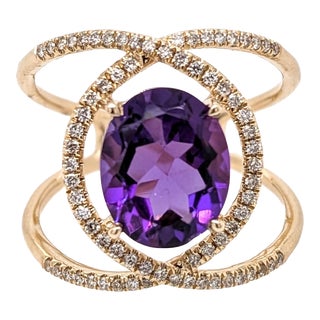Amethyst Split Shank Ring with Natural Diamond Accents in Solid 14k Yellow Gold For Sale