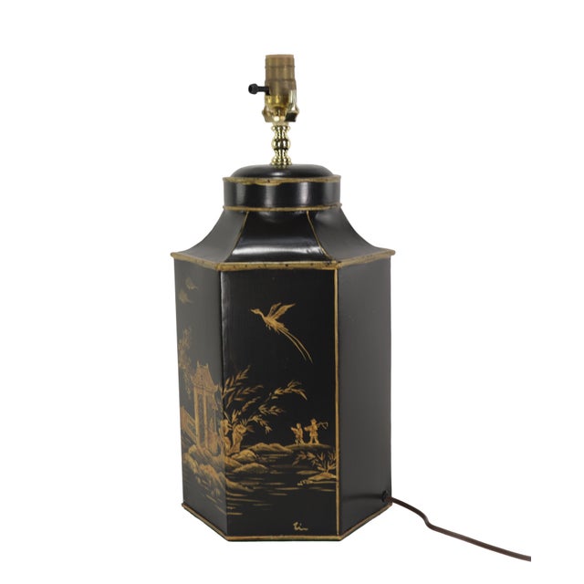 Metal Pair of 20th-Century Vintage Hand-Painted Chinoiserie Hexagonal Tole Tea Caddy Lamps For Sale - Image 7 of 11