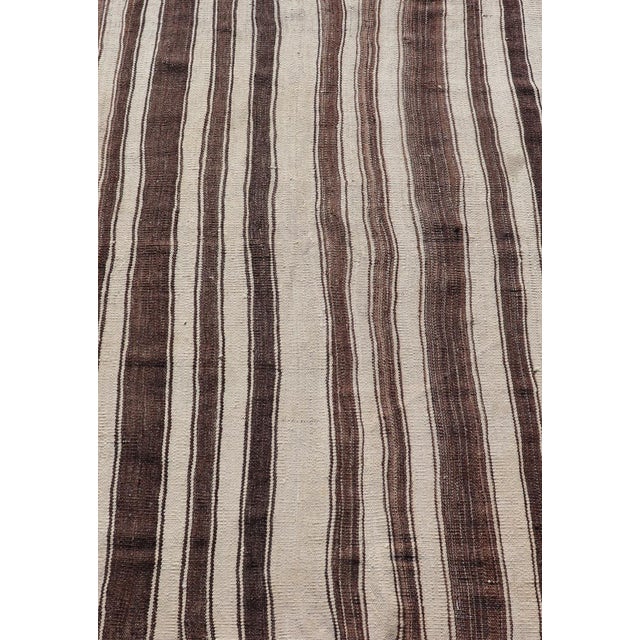 Textile Vintage Turkish Kilim Rug in Ivory and Deep Brown Striped Design For Sale - Image 7 of 10