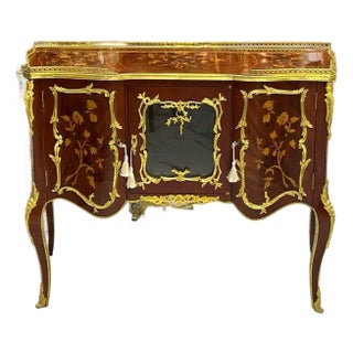 French Louis XV Style Sideboard – Marquetry Cabinet With Gold Bronze Details, Luxury French Console For Sale