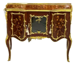 French Louis XV Style Sideboard – Marquetry Cabinet With Gold Bronze Details, Luxury French Console