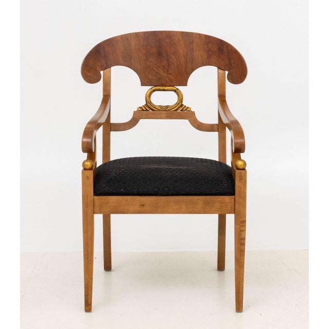 Henredon Furniture Neoclassical Style Burr Maple Arm Chair, with gilt detailing to back splat and arms, black upholstered...