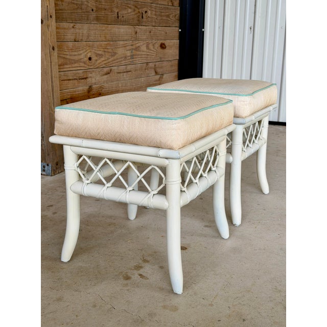 Ficks Reed Vintage Coastal Rattan Ottomans or Footstools With Lattice Detail – Pair For Sale - Image 4 of 12