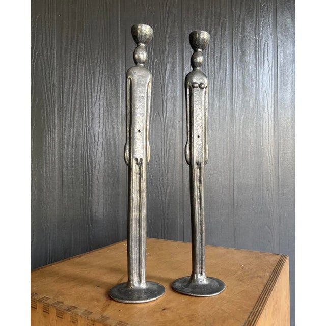 Modern 1980s Pair of Modernist Figural Candlesticks, Silver-Toned Cast Metal, Male & Female For Sale - Image 3 of 4