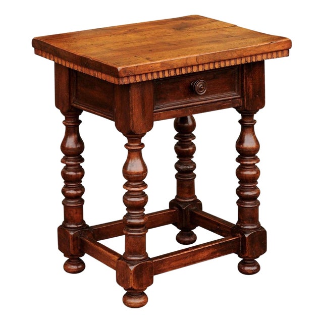 Italian 1870s Walnut Side Table with Dentil Molding, Drawer and Turned Base For Sale