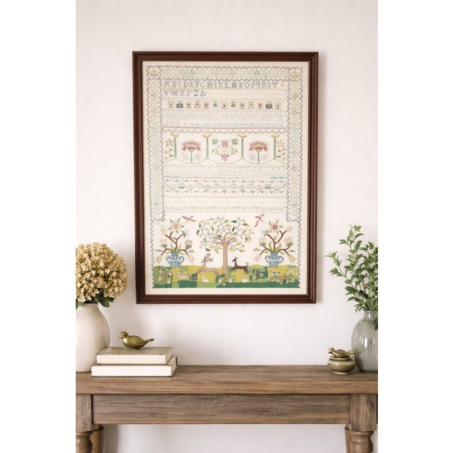 1972 Vintage Hand Embroidered Alphabet Sampler, Framed Folk Art Needlework With Floral & Animal Motif For Sale - Image 9 of 9