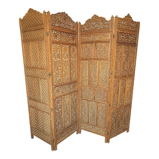 1960's Moroccan Style Pierced Wood 4-Panel Floor Screen- Each Panel Differs For Sale