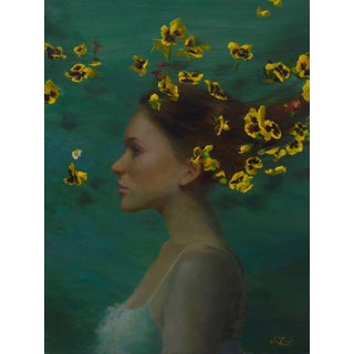 Yellow Breeze by Michael Van Zeyl | Oil Painting of a woman with flowers in her hair For Sale