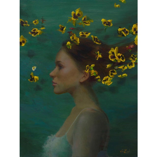Yellow Breeze by Michael Van Zeyl | Oil Painting of a woman with flowers in her hair For Sale
