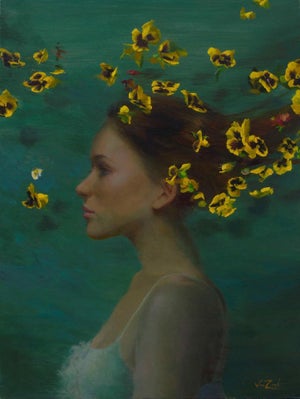 Yellow Breeze by Michael Van Zeyl | Oil Painting of a woman with flowers in her hair