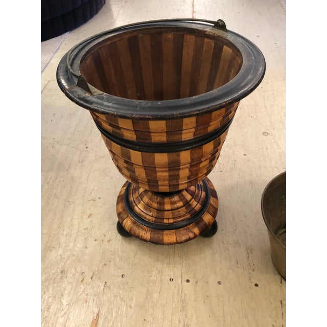 Mixed Wood Striped Vintage Planter With Copper Liner For Sale - Image 9 of 11