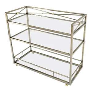 Brass Finish Glass Shelves 3 Tier Serving Bar Serving Cart W/ Gallery