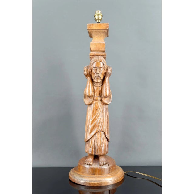 Gothic Revival Medieval Style Pilaster Lamp in Carved Oak, France, 20th Century For Sale - Image 4 of 10