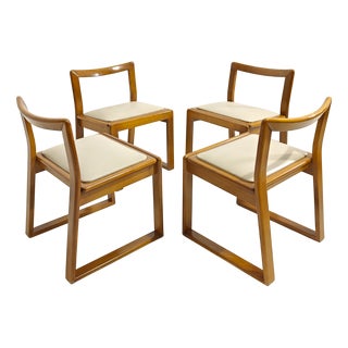Curved Wood Chairs with Leather Seats, Italy, 1970s, Set of 4 For Sale