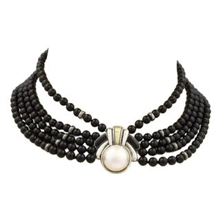 21006 - Cartier Mabe Pearl & Onyx Bead 18k Gold Sterling Choker Necklace For Sale