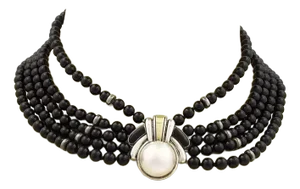 Cartier Mabe Pearl & Onyx Bead 18k Gold Sterling Choker Necklace