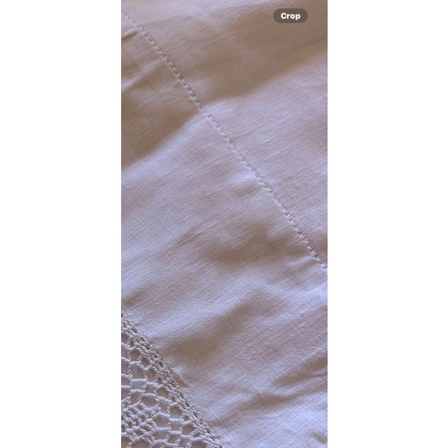 Antique French Linen Sheet With Hand Crochet Lace Trim Monogrammed White Trousseau Sheet Romantic French Bedding For Sale - Image 4 of 12