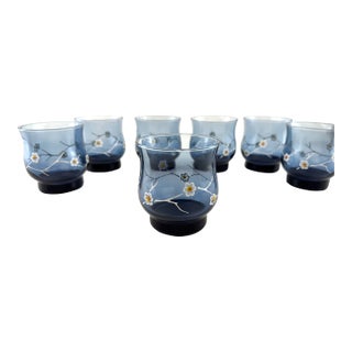 Vintage Organic Modern Blue Glass Floral Tumblers Hand Painted Cocktail Glasses - Set of 8 For Sale