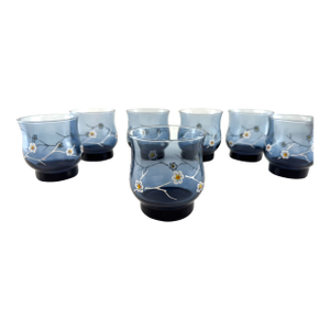 Vintage Organic Modern Blue Glass Floral Tumblers Hand Painted Cocktail Glasses - Set of 8