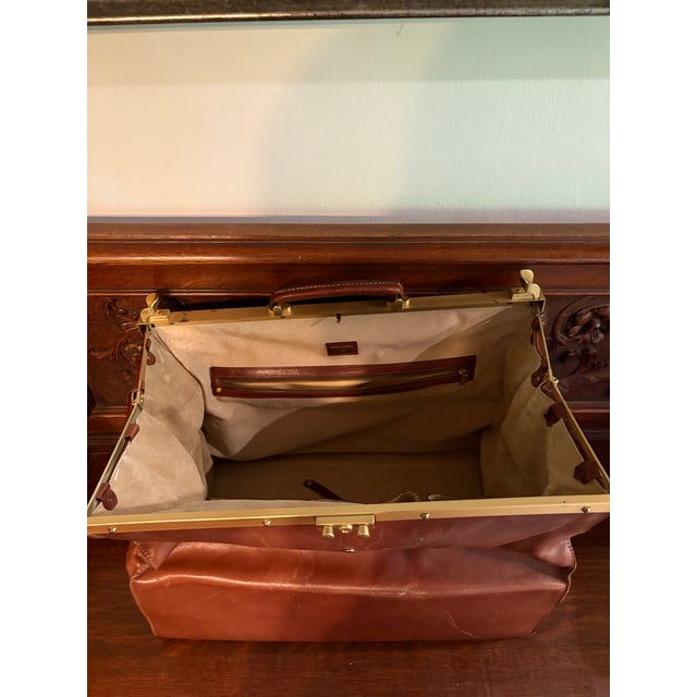 Vintage Leather Weekender Doctors Style Bag With Brass Frame Made Exclusively for Mercedes-Benz For Sale In New York - Image 6 of 8