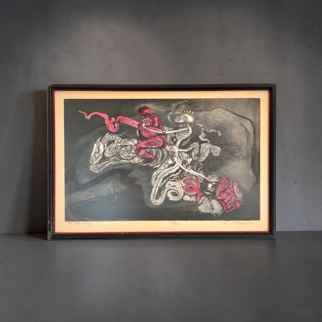 An exceptional, rare mid-century modern surrealist intaglio print by master printmaker Letterio Calapai (American,...