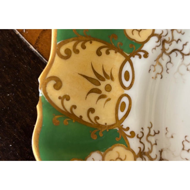 Antique Green & Gilt Porcelain Plates Scenic Victorian C 1900 Gold Scalloped - Set of 10 For Sale - Image 11 of 12