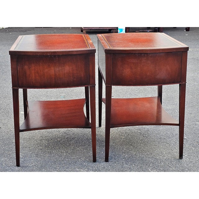 1940s Pair Regency Style Genuine Mahogany and Stenciled Tooled Leather Top Side Tables For Sale - Image 17 of 17