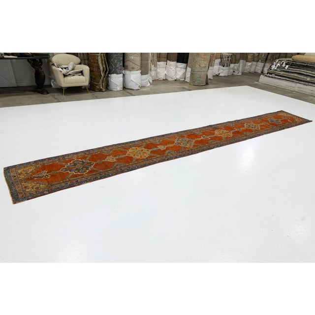 3 X 18 Antique Bakshaeish Persian Wool Runner in Orange-Rust With Tribal Design For Sale - Image 4 of 10