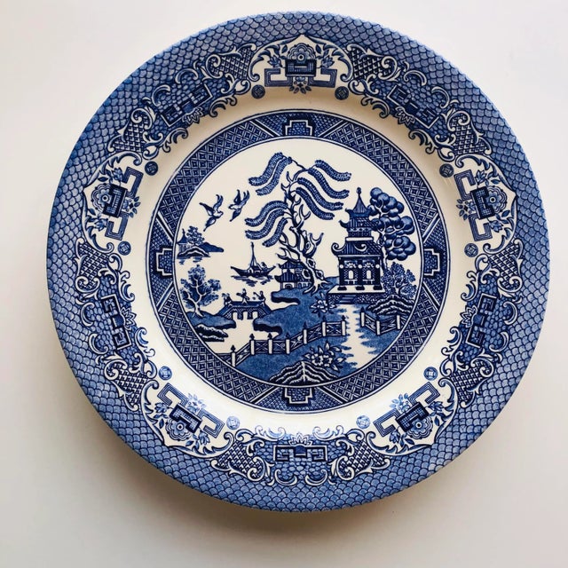 90's Blue and White Ironstone Set of 4 Dinner Plates 10.25"D , Makers mark reads " England" Blue Willow Pattern Excellent!