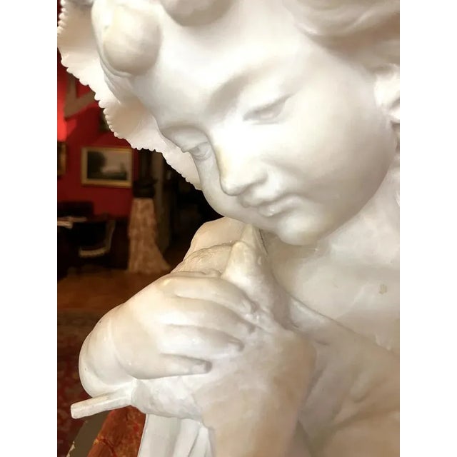 Italian Artist, Hand Carved Bust Sculpture of a Young Girl Holding a Dove, 19th Century, Alabaster For Sale - Image 4 of 12