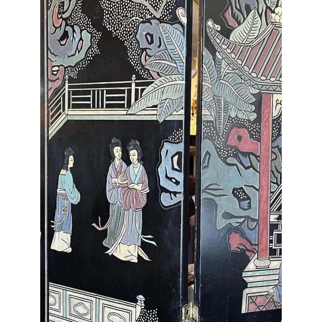 Wood Monumental Vintage Asian Coromandel 4-Panel Floor Screen With Incised Painted Details For Sale - Image 7 of 13