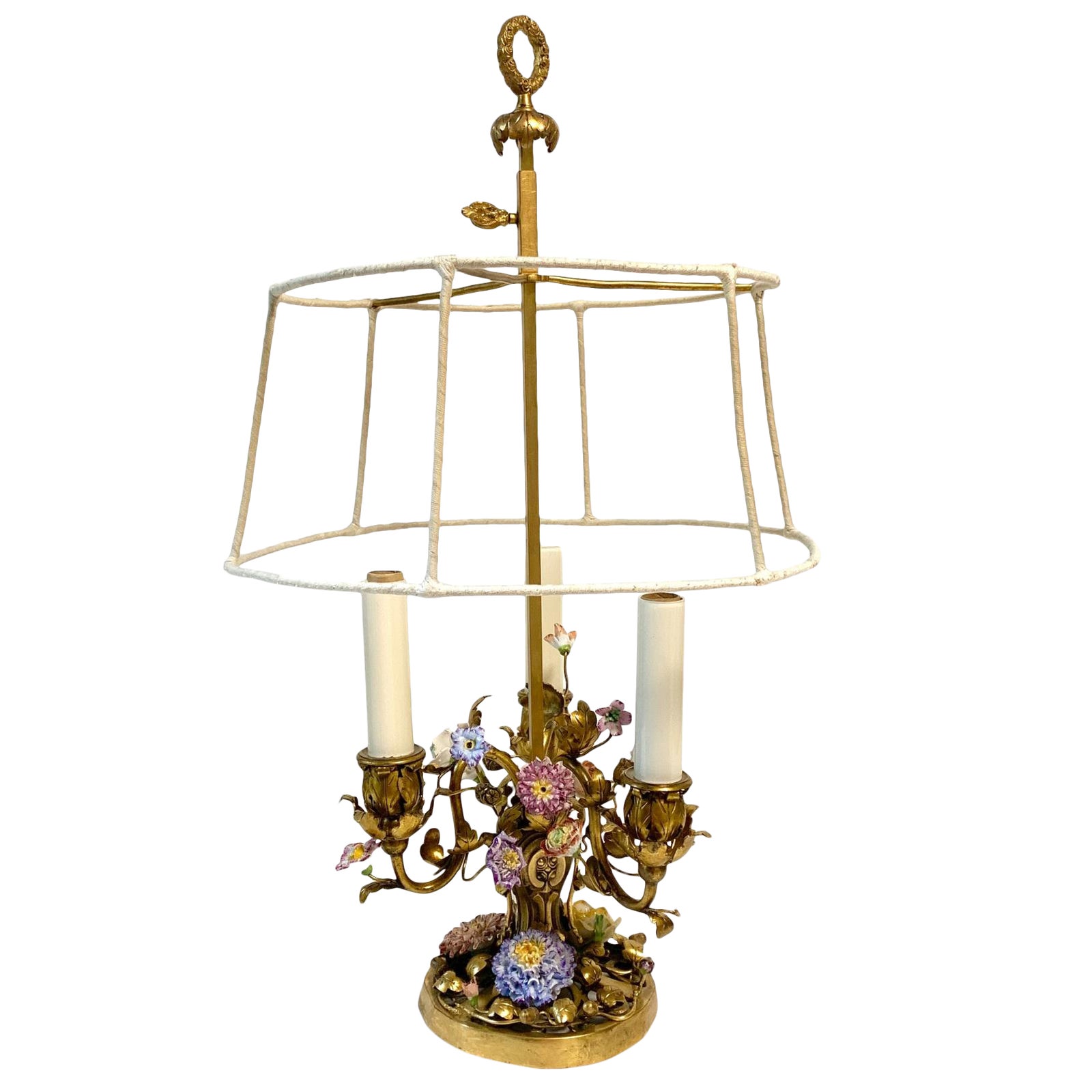 French Bronze Bouillotte Lamp With Porcelain Flowers and Deconstructed ...