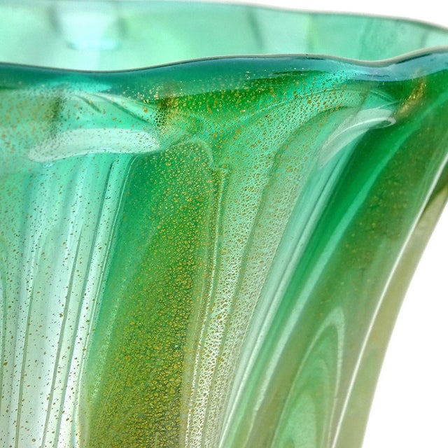 Priced per item (only 2 pieces available as shown). Beautiful vintage Murano hand blown Sommerso green and gold flecks...