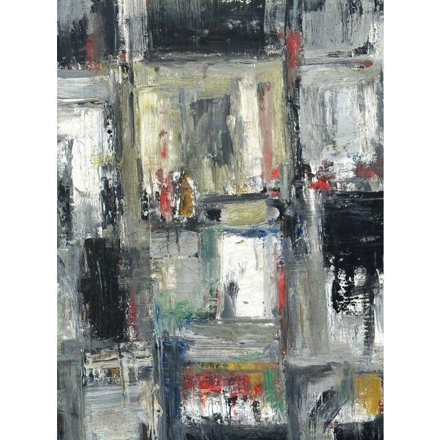 A signed (unknown artist) original striking mid-century modern abstract composition featuring an architectural arrangement...