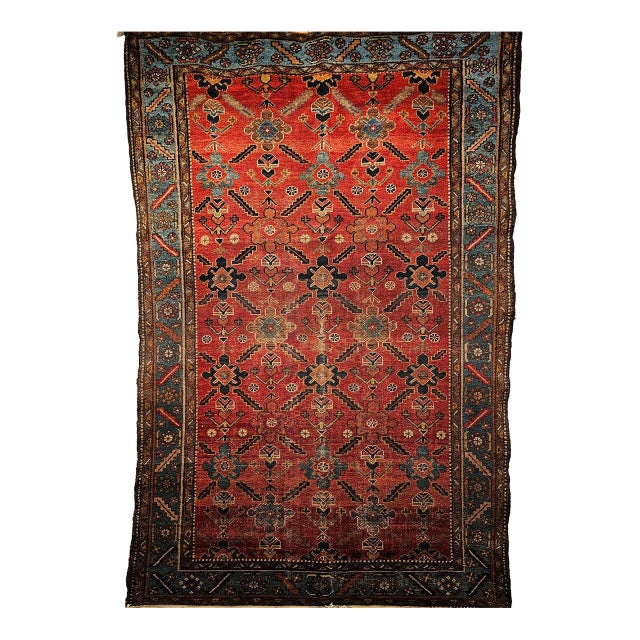 Vintage Persian Malayer Area Rug, Hand-Knotted Wool, Geometric Pattern, 4x6, Red & Blue For Sale