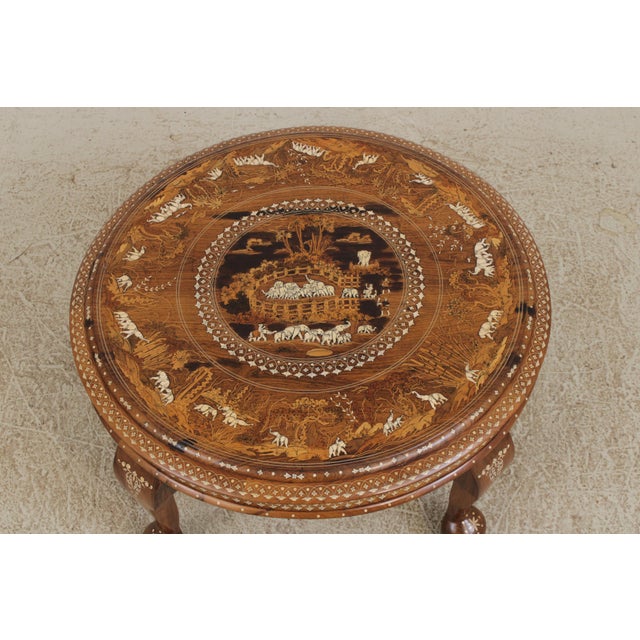 English Vintage Anglo Indian Round Inlaid Coffee Table W. 4 Stools For Sale - Image 3 of 18
