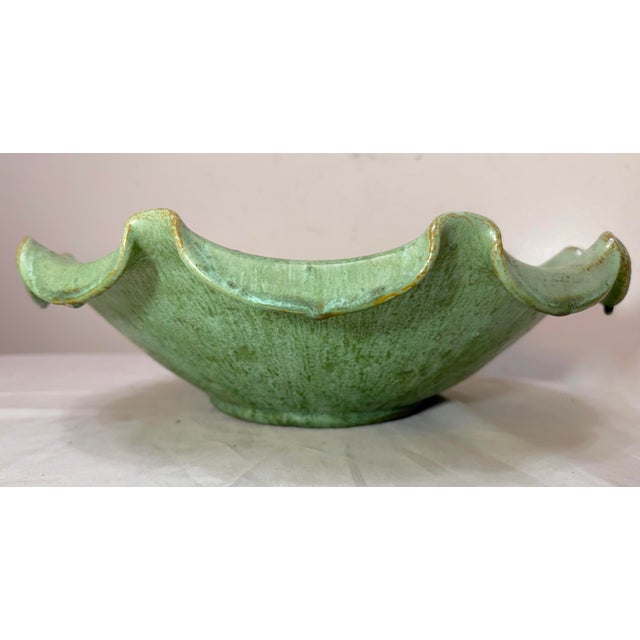 Ceramic Large Antique Handmade North Carolina Us Green Glaze Centerpiece Pottery Bowl For Sale - Image 7 of 14