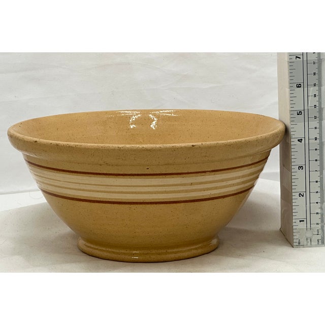 Nice Antique 10 Inch Cream & Brown Color Banded Yellow Ware Kitchen Batter Mixing Bowl Circa Late 1800s For Sale - Image 15 of 15