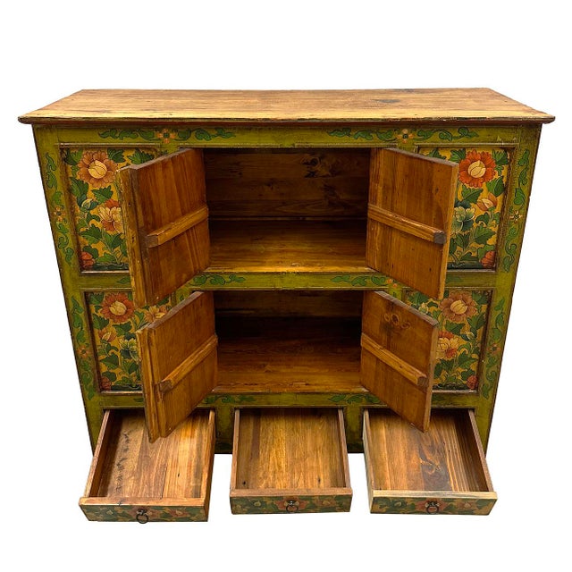 Asian 20th Century Antique Tibetan Hand Painted Tall Credenza Storage Cabinet For Sale - Image 3 of 11