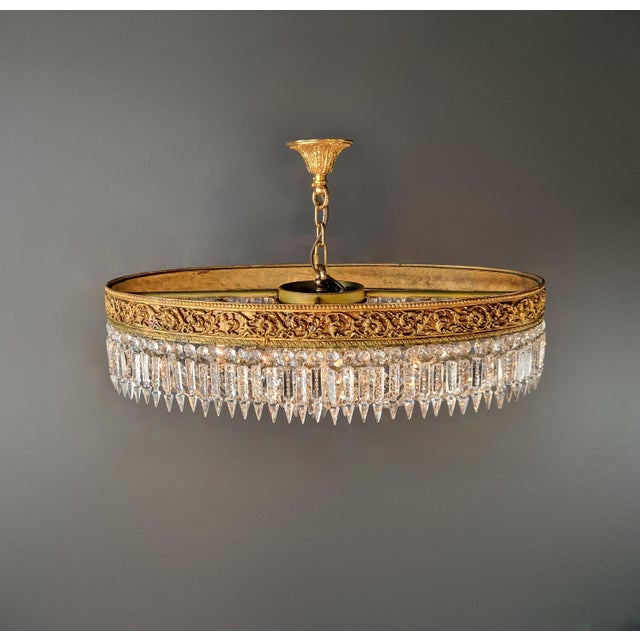 Antique Oval Flush Mount Chandelier Brass Crystal Ceiling Light Restored Gold For Sale - Image 6 of 10