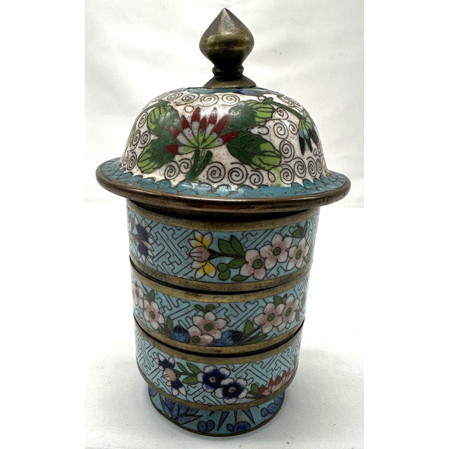 Chinoiserie Antique 19th Century Chinese Cloisonné Stacking Box, Late Qing Dynasty, Blue Enamel, Scholar Accessory For Sale - Image 3 of 15