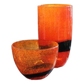 Murano Glass Orange Vases, 1979, Set of 2 For Sale