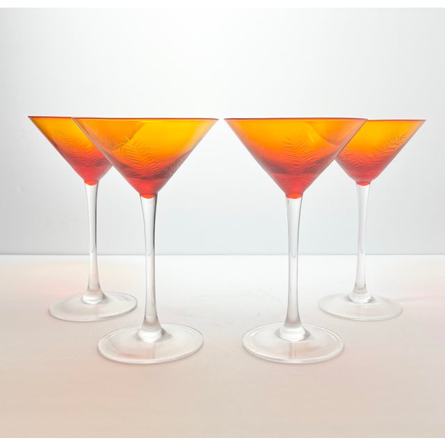 1960s Vintage Mid-Century Amber Orange Frond Etched Martini Glasses - Set of 4 For Sale - Image 4 of 8