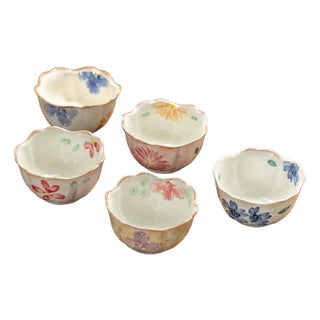 Underglaze Small, Petal-Shaped Bowl With Hand-Painted Cherry Blossoms - Set of 5 For Sale