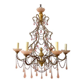 Italian Vintage Pink Opaline Crystal Beaded Chandelier For Sale